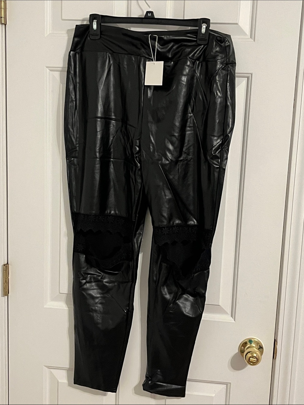 Hayden Black Faux Leather Leggings with Lace Knee Panels